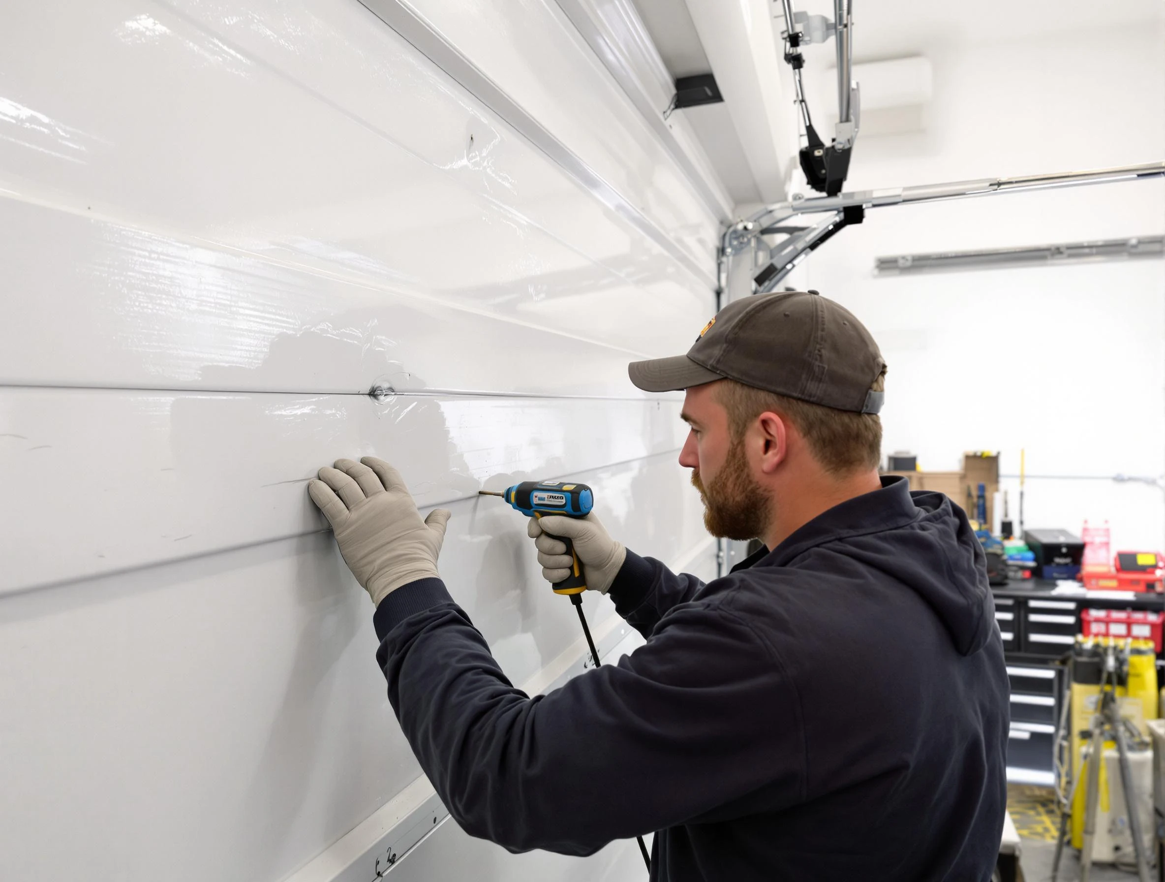 Jonesboro Garage Door Repair technician demonstrating precision dent removal techniques on a Jonesboro garage door